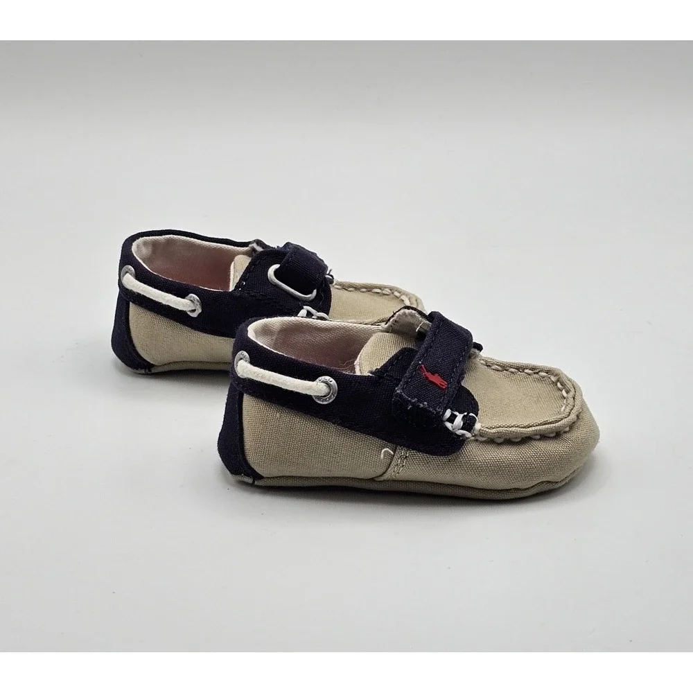 Ralph Lauren Boys Sanders EZ Canvas Deck Shoes Size 2 Pony Logo Loafer Tan Navy